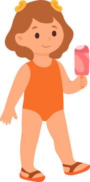 smiling girl in an orange swimsuit holding a pink popsicle.