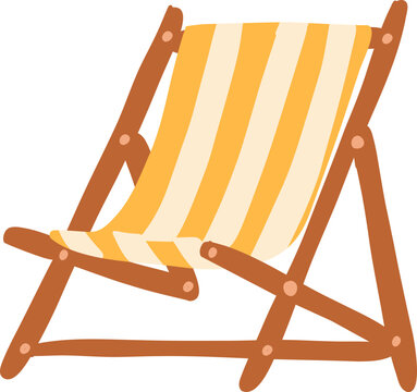 a wooden beach deck chair with cheerful yellow and cream striped fabric.