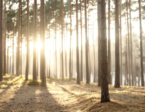 Warm golden sunlight filters through tall pine trees creating soft haze long shadows and peaceful woodland atmosphere in a serene natural forest landscape during early morning