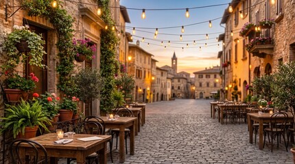 Fototapeta premium Venice Old Town Street with Charming Outdoor Cafe, Restaurant Tables, Chairs and Historic European Architecture in a Scenic Travel Destination