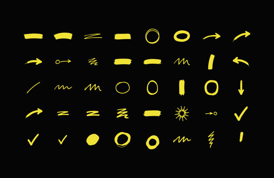 Hand Drawn Yellow Abstract Symbols and Arrows on Dark Background