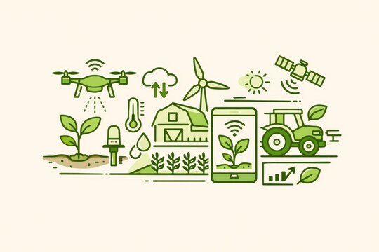 Smart farming icon set with drone tractor satellite windmill and sensor illustrations for sustainable agriculture infographic