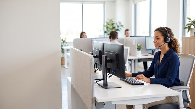 Customer service representative assisting clients in a call center environment