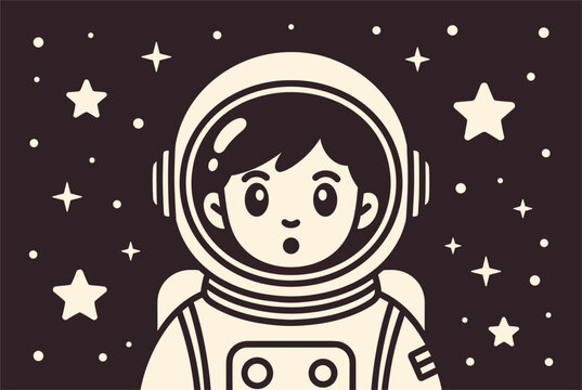Cute little astronaut boy wearing a spacesuit looking surprised or amazed on a dark background surrounded by stars.