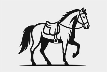 Fototapeta premium Black and white line art illustration of a walking horse equipped with a saddle and bridle on a light gray background.