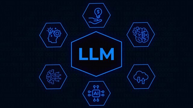 Conceptual infographic representing Large Language Model or LLM technology with connected AI brain and data icons on dark background, A conceptual digital infographic illustrating Large Language Model