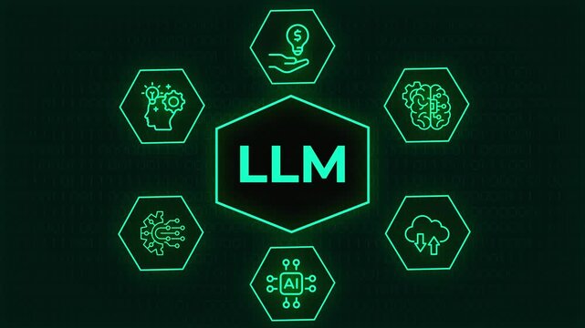 Conceptual infographic representing Large Language Model or LLM technology with connected AI brain and data icons on dark background, A conceptual digital infographic illustrating Large Language Model