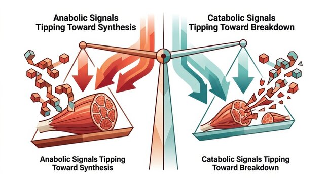 Muscle fibers highlighting actin and myosin interactions in a balance of anabolic and catabolic signals during protein synthesis.