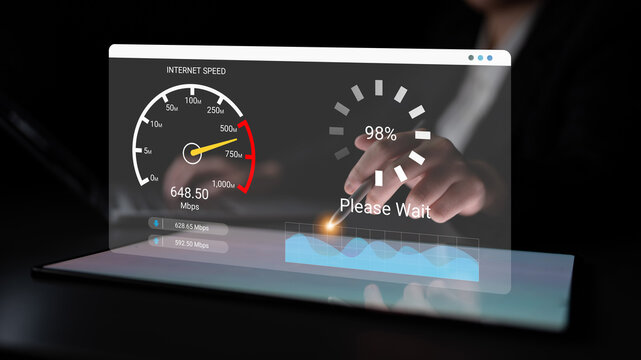 This image showcases an interactive internet speed test interface with a progress indicator, representing modern technology in a digital environment. Ledger