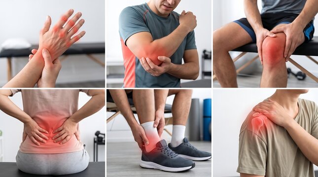 Joint pain collage showing body aches, sports injury set with red inflammation spots, chronic muscle pain in athletes