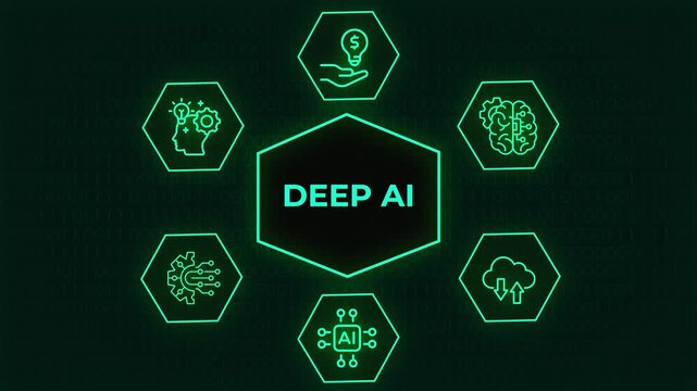 Deep AI technology concept infographic with glowing icons representing machine learning, cloud computing, and neural networks on dark green background, A dark green digital infographic displaying  