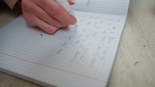 Hand erasing math notes on notebook, tutor correcting algebra exercises with gentle strokes, closeup of focused hand using eraser on grid paper, pencil smudges and faint equations, wooden desk