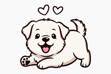 Fototapeta premium Adorable cartoon illustration of a happy little white puppy with sparkling eyes and sweet hearts floating above.