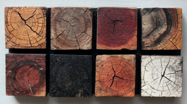 Colorful wooden blocks arranged on a wall with distinct textures and patterns showcasing natural elements in artistic display