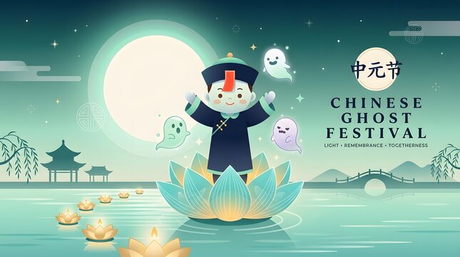 Floral ornament depicting the chinese ghost festival with a full moon backdrop