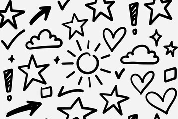Fototapeta premium Abstract doodle pattern with hand-drawn sun, hearts, stars, clouds, and exclamation marks, ideal for creative backgrounds.