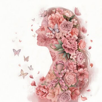 Woman silhouette with pink flowers and butterflies for breast cancer awareness concept