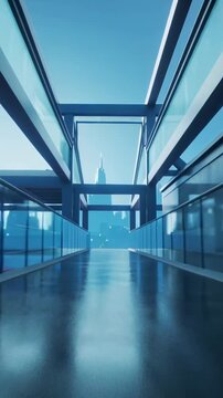 Vertical video: Moving low-angle cam along skywalk, showing shiny floor, blue beam, revealing spire