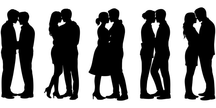 Five black silhouettes of couples standing close together, embracing and kissing, isolated on a white background, set of romantic human figures in love