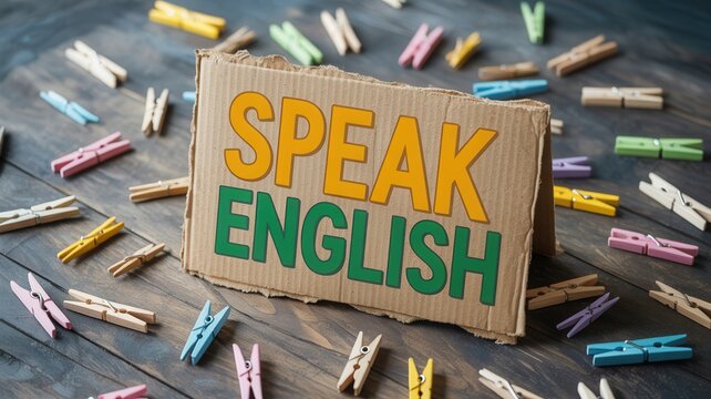 Speak English sign on cardboard with colorful wooden clothespins on rustic wooden background