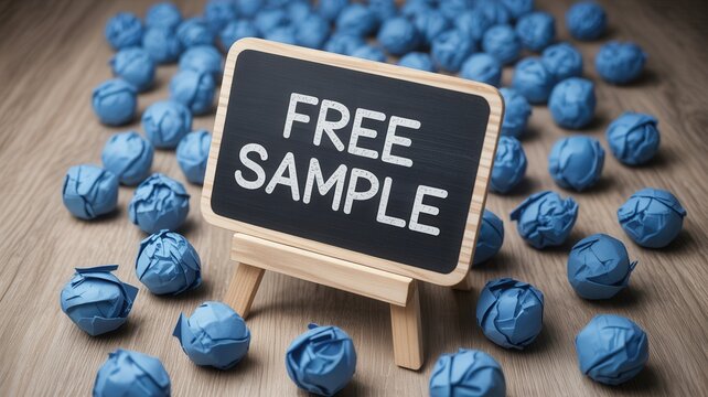 Free Sample sign on a wooden easel surrounded by blue paper balls on a wooden table.