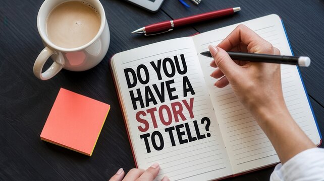 Person writing Do You Have A Story To Tell in a notebook on a desk with coffee