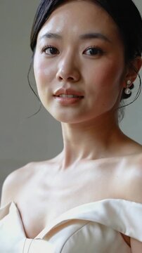 Vertical video: Camera start woman raising chin and meeting lens in studio, with gown pearls makeup