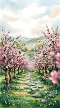 Watercolor painting of a blooming cherry blossom orchard path with stone walkway.