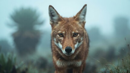 Fototapeta premium Ethiopian wolf with striking eyes gazes forward in misty highlands