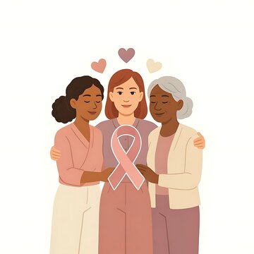 Diverse women supporting breast cancer awareness with pink ribbon illustration