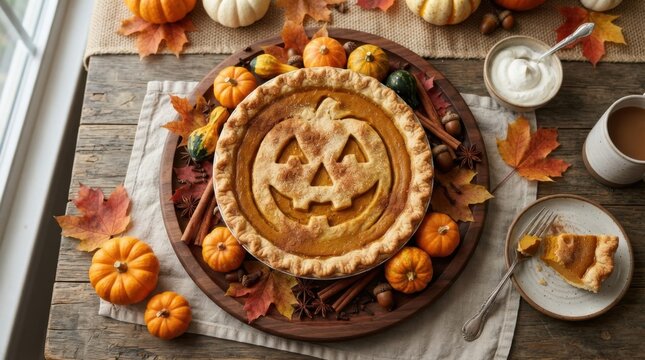 Delicious pumpkin pie with a carved jack-o'-lantern face for Halloween