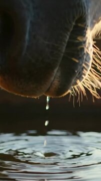 Vertical video: Lowering pale horse muzzle lapping water at barn to drink, with wooden trough