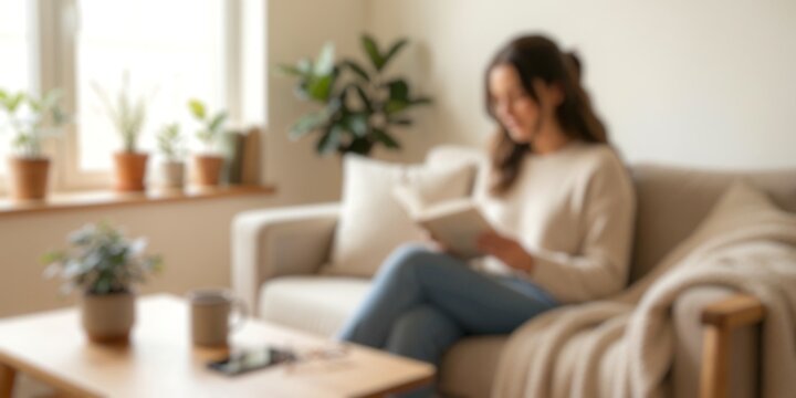 Blur image of a woman relaxing with a book in a cozy home interior, suitable for wellness, reading, leisure, mindfulness, and lifestyle concepts.