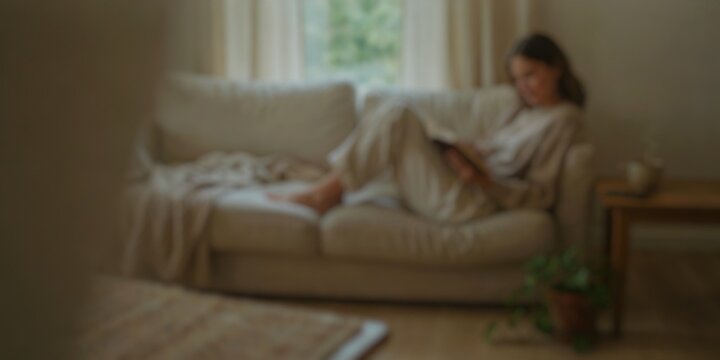 Blur image of a woman relaxing with a book in a cozy home interior, suitable for wellness, reading, leisure, mindfulness, and lifestyle concepts.