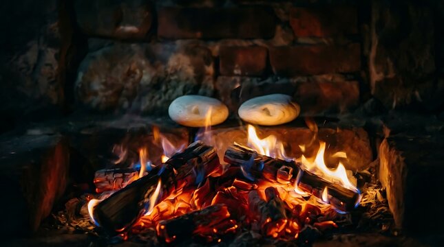Crackling campfire burning with glowing hot embers and wood logs in brick