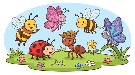 Fototapeta premium Cute cartoon insects in a summer meadow, friendly garden bugs collection, colorful butterflies and bees illustration for kids