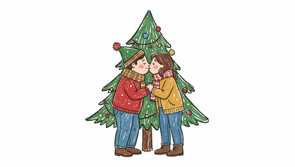 Fototapeta premium Children Hugging Beside Christmas Tree Illustration.