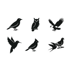 Fototapeta premium Collection of black bird silhouettes against a dark background avian