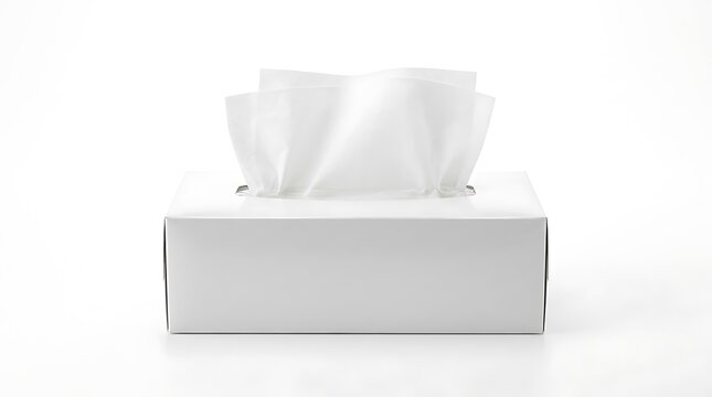 White tissue box with dispensed facial tissues isolated on white background