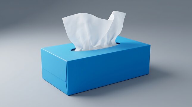 Blue tissue box with dispensed facial tissues isolated on grey background