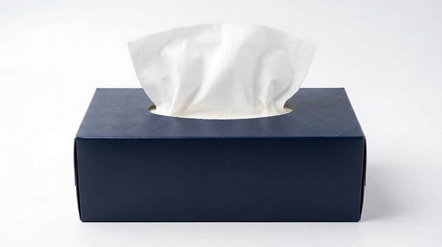 Dark blue tissue box with dispensed facial tissues isolated on white background