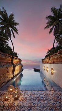Luxury infinity pool at sunset with palm trees and glowing lanterns in tropical resort