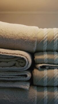 Vertical video: Panning camera revealing stacked towels on home shelf for texture, LED strip, jars