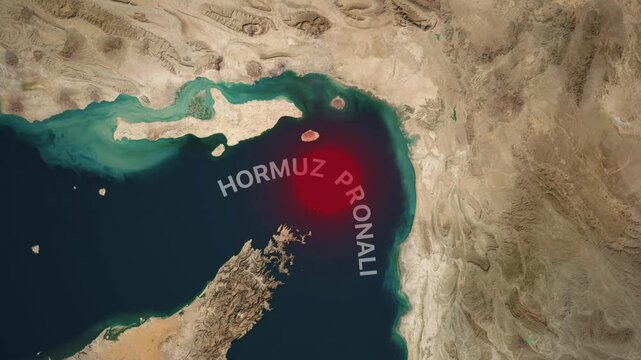 Red glowing highlight over the Strait of Hormuz shown on an animated Middle East satellite map