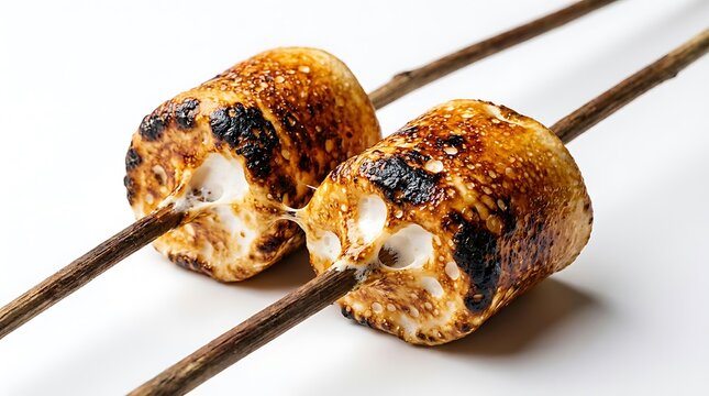 Close-up of golden brown roasted marshmallows on wooden sticks with marshmallow