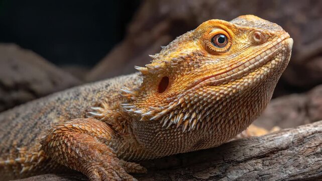 Close-up of a bearded dragon lizard resting on a wooden branch in a terrarium habitat.