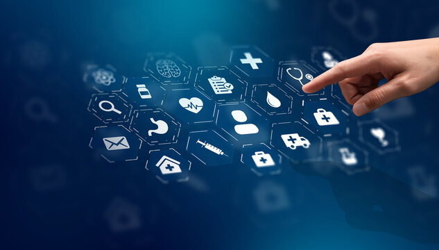 Online pharmacy icons showing medicine, healthcare, prescription and medical services with digital pharmacy, online drugstore, telemedicine and modern pharmaceutical solutions.