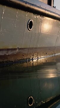 Vertical video: Panning camera revealing boat hull at berth to show scupper, drip streaks, ripples