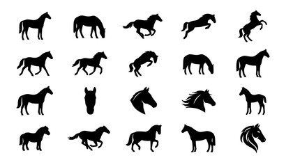 Obraz premium Minimal Horse Silhouette Vector Icon Set with Equestrian and Racing Animal Symbols