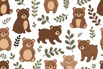 Fototapeta premium Seamless repeating pattern featuring cute brown teddy bears in various poses and delicate green branches on a white background.